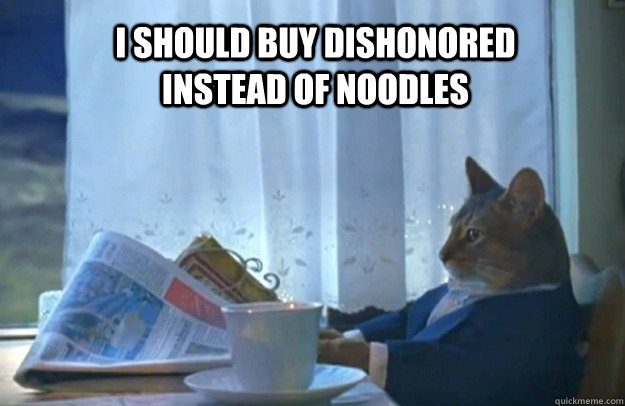 I SHOULD BUY DISHONORED INSTEAD OF NOODLES  Sophisticated Cat