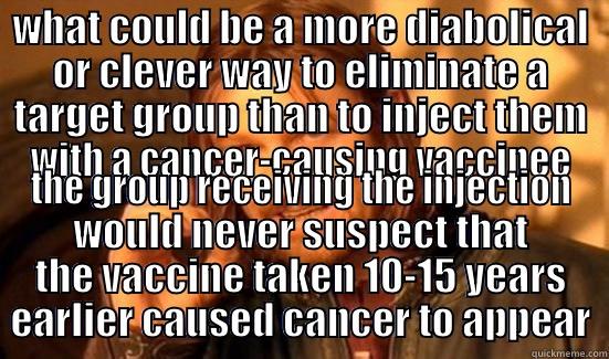 WHAT COULD BE A MORE DIABOLICAL OR CLEVER WAY TO ELIMINATE A TARGET GROUP THAN TO INJECT THEM WITH A CANCER-CAUSING VACCINEE THE GROUP RECEIVING THE INJECTION WOULD NEVER SUSPECT THAT THE VACCINE TAKEN 10-15 YEARS EARLIER CAUSED CANCER TO APPEAR Boromir