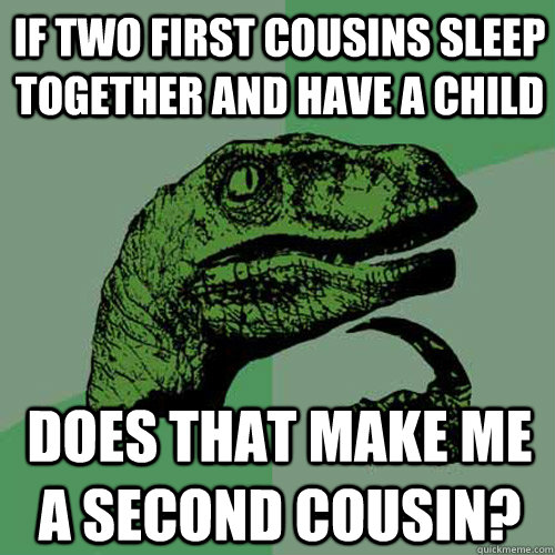 IF TWO FIRST COUSINS SLEEP TOGETHER AND HAVE A CHILD DOES THAT MAKE ME A SECOND COUSIN?  Philosoraptor