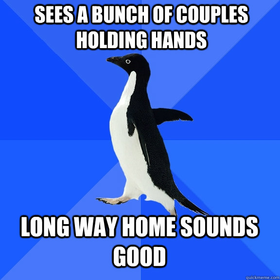 Sees a bunch of couples holding hands Long way home sounds good   Socially Awkward Penguin
