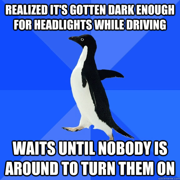 Realized it's gotten dark enough for headlights while driving Waits until nobody is around to turn them on  Socially Awkward Penguin
