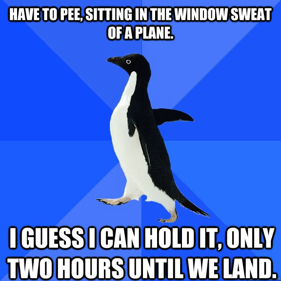 Have to pee, sitting in the window sweat of a plane.  I guess I can hold it, only two hours until we land.     Socially Awkward Penguin