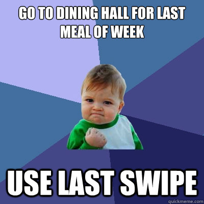 Go to dining hall for last meal of week use last swipe  - Go to dining hall for last meal of week use last swipe   Success Kid