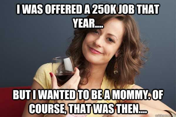 i was offered a 250k job that year.... but I wanted to be a mommy. of course, that was then....  Forever Resentful Mother