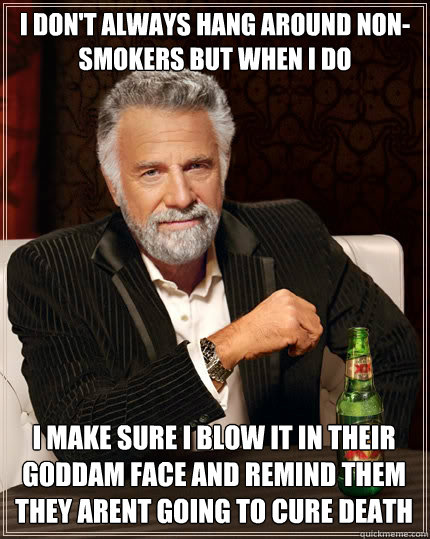 I DON'T ALWAYS HANG AROUND NON-SMOKERS BUT WHEN I DO I MAKE SURE I BLOW IT IN THEIR GODDAM FACE AND REMIND THEM THEY ARENT GOING TO CURE DEATH - I DON'T ALWAYS HANG AROUND NON-SMOKERS BUT WHEN I DO I MAKE SURE I BLOW IT IN THEIR GODDAM FACE AND REMIND THEM THEY ARENT GOING TO CURE DEATH  The Most Interesting Man In The World