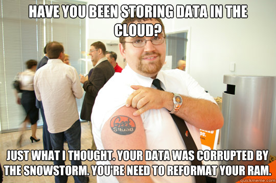 Have you been storing data in the cloud? Just what I thought. Your data was corrupted by the snowstorm. You're need to reformat your RAM.  GeekSquad Gus