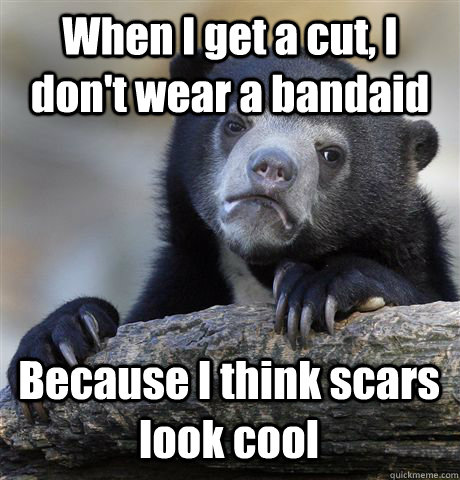 When I get a cut, I don't wear a bandaid Because I think scars look cool  Confession Bear