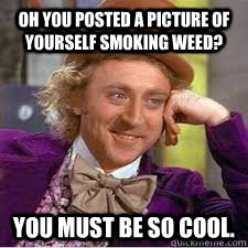 OH YOU POSTED A PICTURE OF YOURSELF SMOKING WEED? YOU MUST BE SO COOL.  WILLY WONKA SARCASM