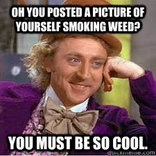 OH YOU POSTED A PICTURE OF YOURSELF SMOKING WEED? YOU MUST BE SO COOL. - OH YOU POSTED A PICTURE OF YOURSELF SMOKING WEED? YOU MUST BE SO COOL.  WILLY WONKA SARCASM