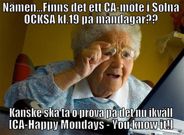 NÄMEN...FINNS DET ETT CA-MÖTE I SOLNA OCKSÅ KL.19 PÅ MÅNDAGAR?? KANSKE SKA TA O PROVA PÅ DET NU IKVÄLL [CA-HAPPY MONDAYS - YOU KNOW IT!] Grandma finds the Internet