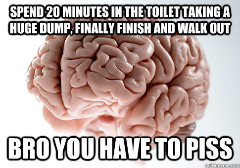 Spend 20 minutes in the toilet taking a huge dump, finally finish and walk out  Bro you have to piss   ScumbagBrain