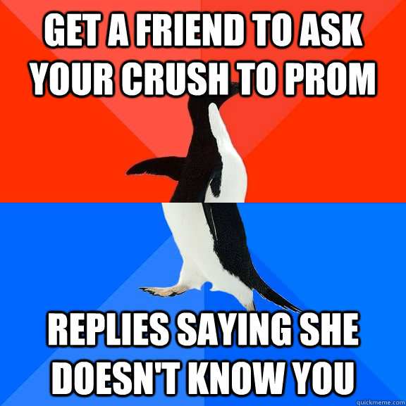 Get a friend to ask your crush to prom Replies saying she doesn't know you  Socially Awesome Awkward Penguin