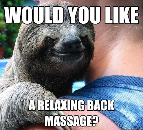 would you like a relaxing back massage?
  Suspiciously Evil Sloth