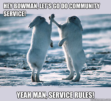 Hey Bowman, let's go do community service!  Yeah man, Service RULES!   Bunny Bros