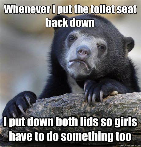 Whenever i put the toilet seat back down I put down both lids so girls have to do something too  Confession Bear