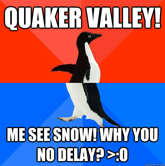 Quaker valley! Me see snow! Why you no delay? >:O  Socially Awesome Awkward Penguin