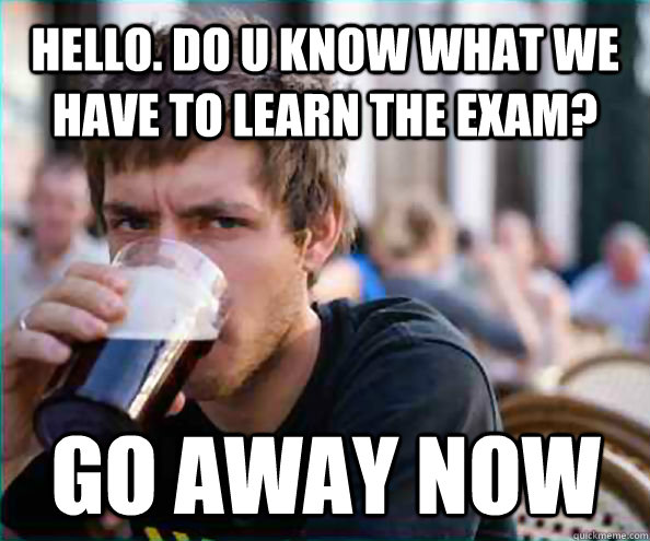 hello. do u know what we have to learn the exam? go away now  Lazy College Senior