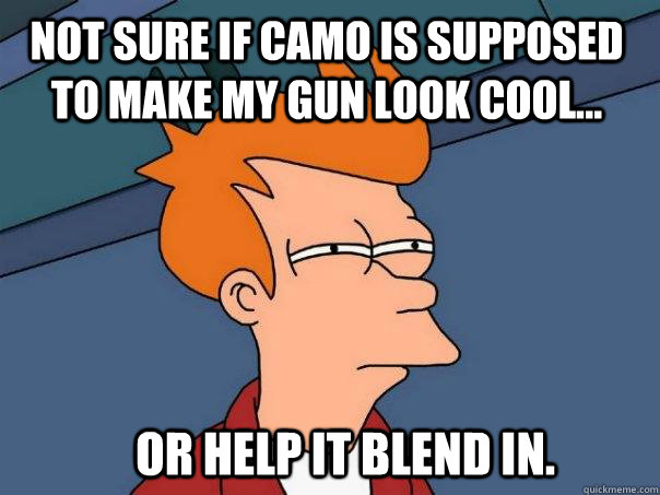 Not sure if camo is supposed to make my gun look cool... Or help it blend in.  Futurama Fry