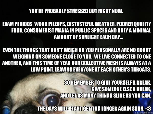 You're probably stressed out right now.                              œ

Exam periods, work pileups, distasteful weather, poorer quality food, consumerist mania in public spaces and only a minimal amount of sunlight each day...                         - You're probably stressed out right now.                              œ

Exam periods, work pileups, distasteful weather, poorer quality food, consumerist mania in public spaces and only a minimal amount of sunlight each day...                          chillaxsad