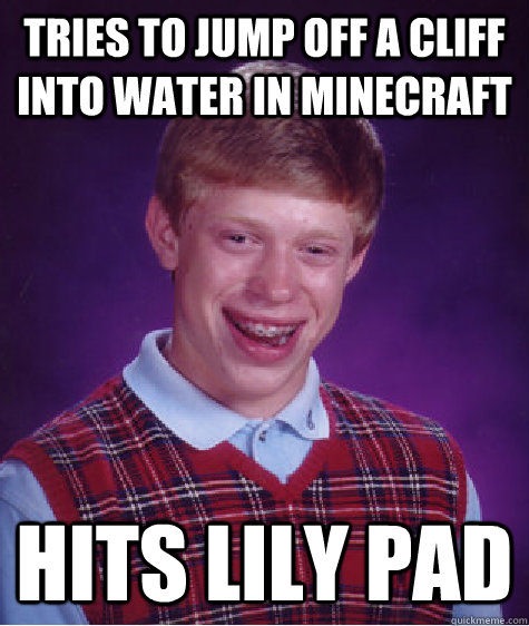 tries to jump off a cliff into water in minecraft hits lily pad  