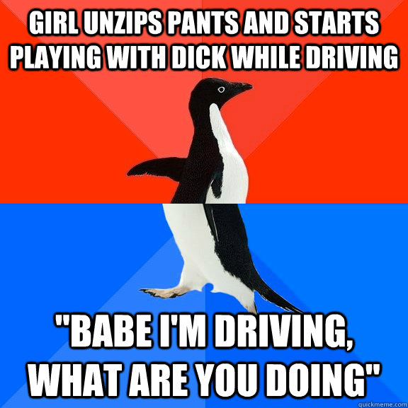 Girl unzips pants and starts playing with dick while driving 