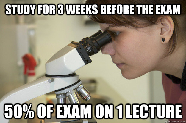 Study for 3 weeks before the exam 50% of exam on 1 lecture  - Study for 3 weeks before the exam 50% of exam on 1 lecture   Biology Major Student