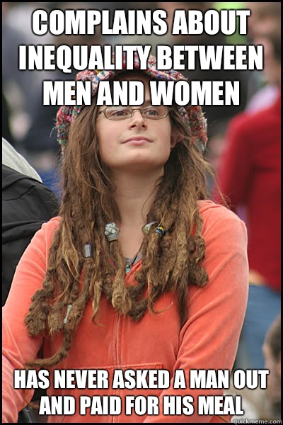 Complains about inequality between men and women Has never asked a man out and paid for his meal  College Liberal