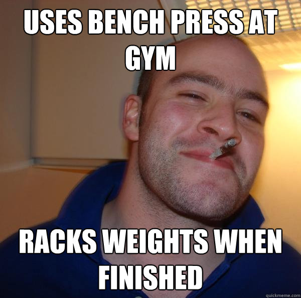 uses bench press at gym racks weights when finished - uses bench press at gym racks weights when finished  Misc