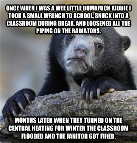 ONCE WHEN I WAS A WEE LITTLE DUMBFUCK KIDDIE I TOOK A SMALL WRENCH TO SCHOOL, SNUCK INTO A CLASSROOM DURING BREAK, AND LOOSENED ALL THE PIPING ON THE RADIATORS. MONTHS LATER WHEN THEY TURNED ON THE CENTRAL HEATING FOR WINTER THE CLASSROOM FLOODED AND THE   Confession Bear