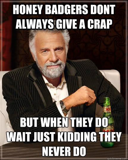 Honey badgers dont always give a crap but when they do
Wait just kidding they never do - Honey badgers dont always give a crap but when they do
Wait just kidding they never do  The Most Interesting Man In The World