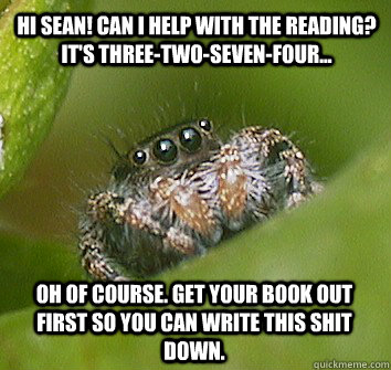 Hi Sean! Can I help with the reading? It's three-two-seven-four... Oh of course. Get your book out first so you can write this shit down.  Misunderstood Spider