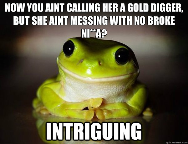 now you aint calling her a gold digger, but she aint messing with no broke ni**a? Intriguing - now you aint calling her a gold digger, but she aint messing with no broke ni**a? Intriguing  Fascinated Frog