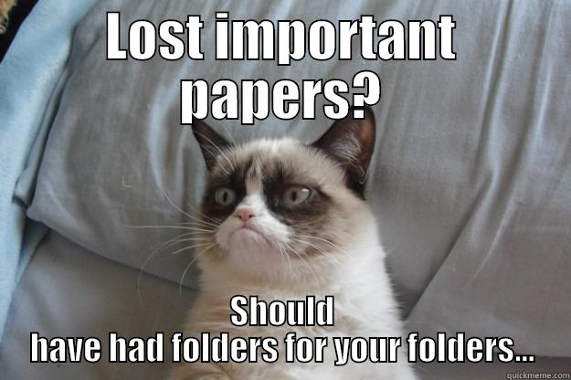 LOST IMPORTANT PAPERS? SHOULD HAVE HAD FOLDERS FOR YOUR FOLDERS... Grumpy Cat