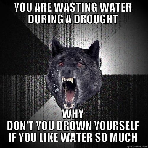 YOU ARE WASTING WATER DURING A DROUGHT WHY DON'T YOU DROWN YOURSELF IF YOU LIKE WATER SO MUCH Insanity Wolf
