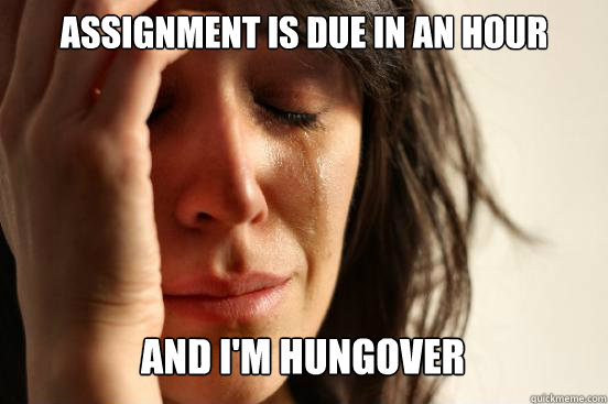 assignment is due in an hour
 and I'm hungover   First World Problems