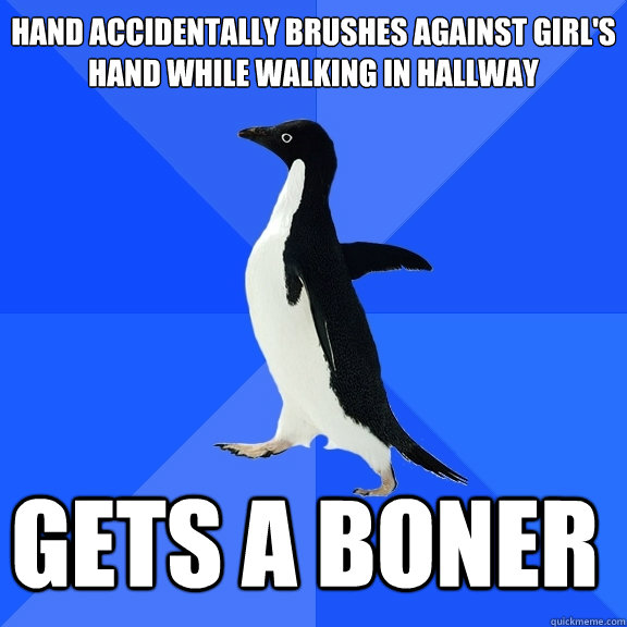 Hand accidentally brushes against girl's hand while walking in hallway Gets a boner    Socially Awkward Penguin