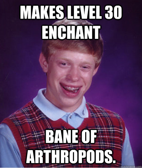 Makes level 30 enchant Bane of Arthropods.   Bad Luck Brian