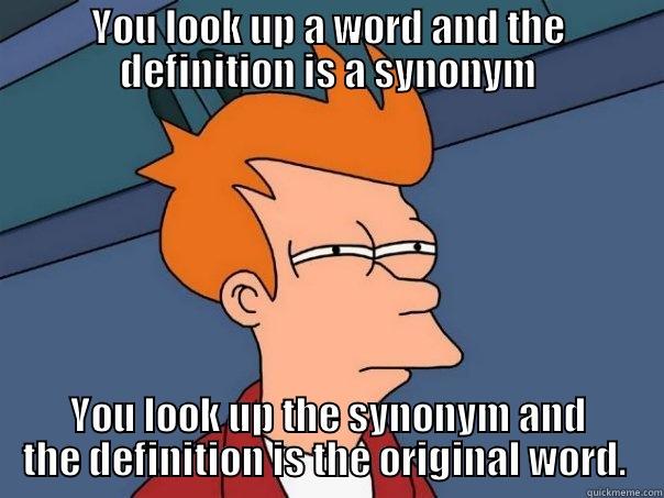 YOU LOOK UP A WORD AND THE DEFINITION IS A SYNONYM YOU LOOK UP THE SYNONYM AND THE DEFINITION IS THE ORIGINAL WORD.  Futurama Fry