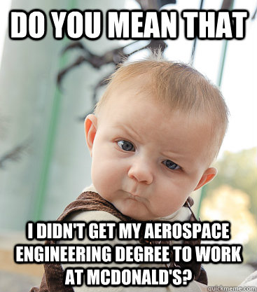Do you mean that I didn't get my Aerospace Engineering degree to work at mcdonald's?  skeptical baby