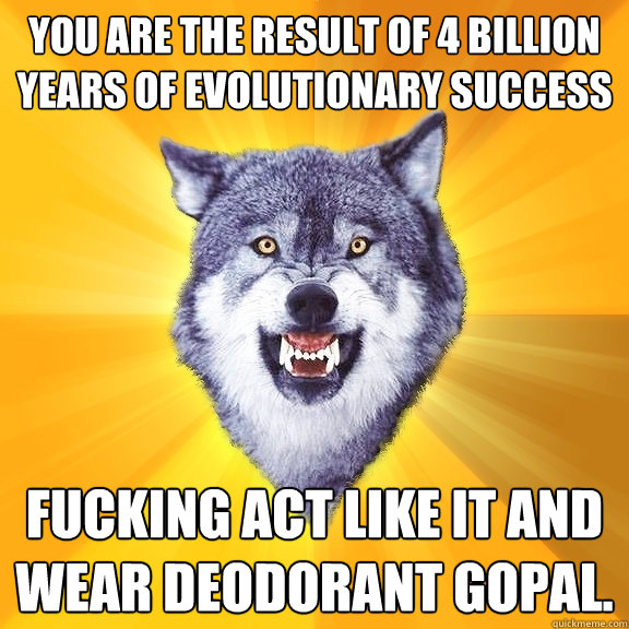 you are the result of 4 billion years of evolutionary success fucking act like it and wear deodorant gopal.  Courage Wolf