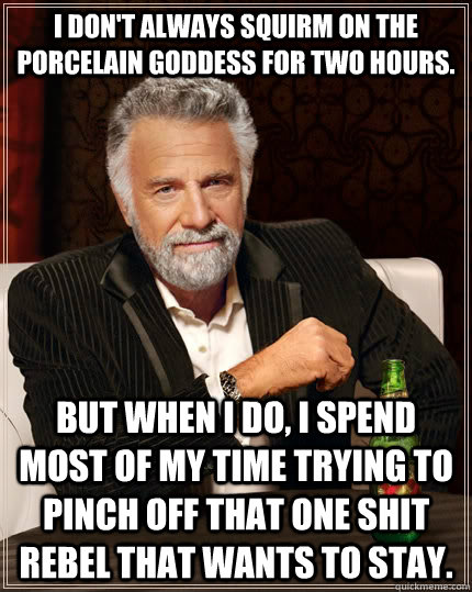 I don't always squirm on the porcelain goddess for two hours.  but when I do, I spend most of my time trying to pinch off that one shit rebel that wants to stay.  The Most Interesting Man In The World