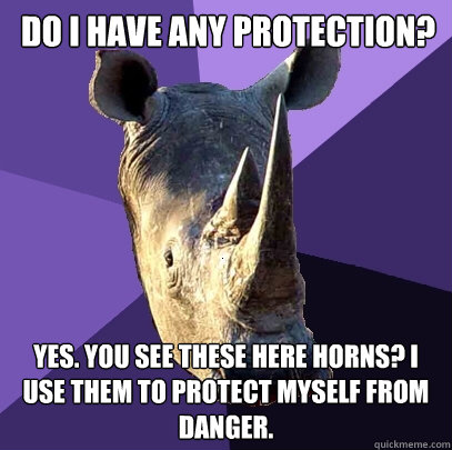 Do I have any protection? Yes. You see these here horns? I use them to protect myself from danger.  Sexually Oblivious Rhino