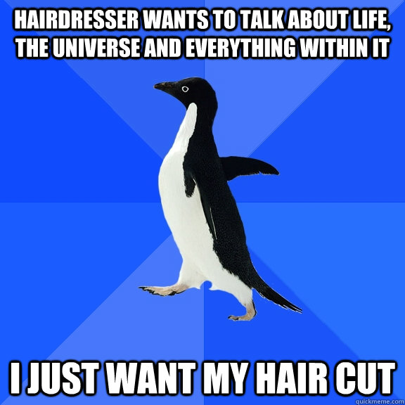 hairdresser wants to talk about life, the universe and everything within it I just want my hair cut  Socially Awkward Penguin