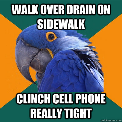 walk over drain on sidewalk clinch cell phone really tight - walk over drain on sidewalk clinch cell phone really tight  Paranoid Parrot