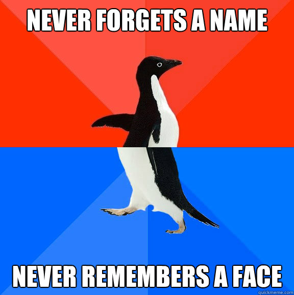 Never forgets a name Never remembers a face  Socially Awesome Awkward Penguin
