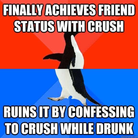 Finally achieves friend status with crush Ruins it by confessing to crush while drunk  Socially Awesome Awkward Penguin