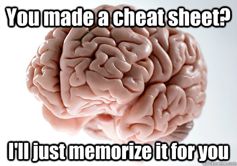 You made a cheat sheet? I'll just memorize it for you  Scumbag Brain