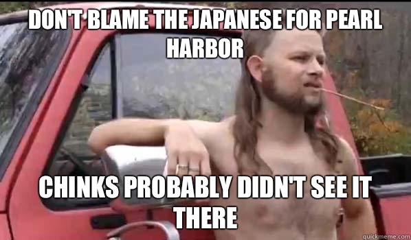 Don't blame the Japanese for Pearl Harbor Chinks probably didn't see it there  Almost Politically Correct Redneck