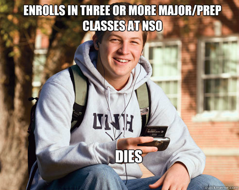 Enrolls in three or more major/prep classes at NSO Dies  College Freshman