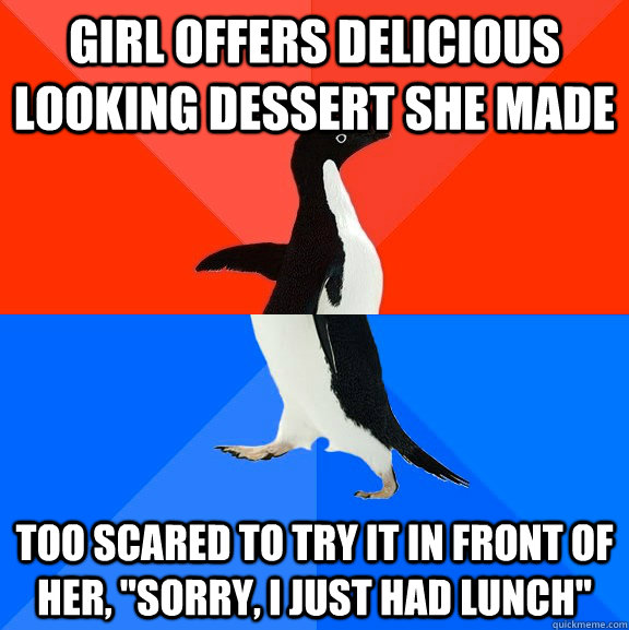 girl offers delicious looking dessert she made too scared to try it in front of her, 